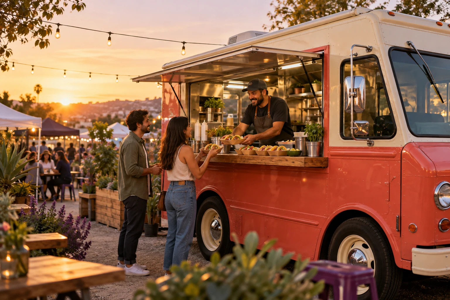 A taco-truck owner welcoming customers at a neighborhood market
