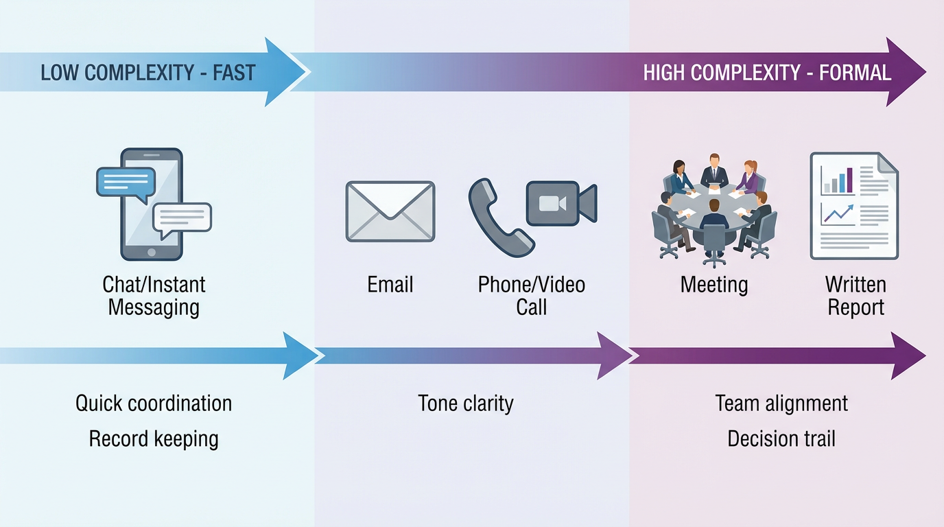 Communication channel selection spectrum showing progression from low complexity (chat/IM for quick coordination) to high complexity (formal reports for decision trails), with email, phone/video, and meetings in between