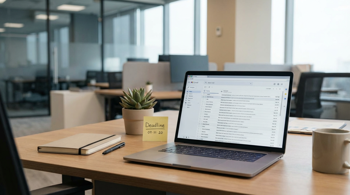 Professional desk with laptop showing clean email layout and organized workspace
